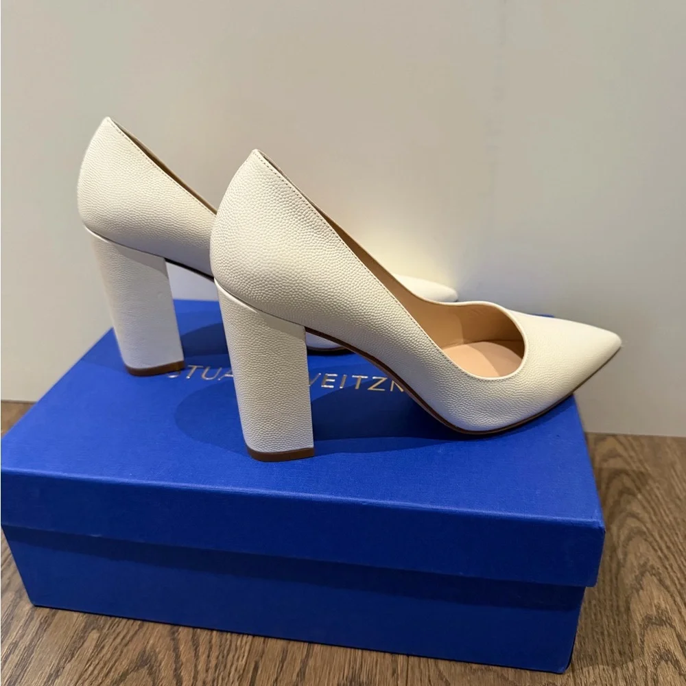 Stuart Weitzman Cream Pointed Toe Block Heel Pumps - Textured Leather - Picture 5 of 7